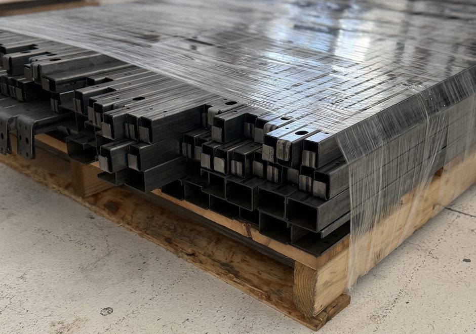 Pallet of steel tube stock checked in for sandblasting